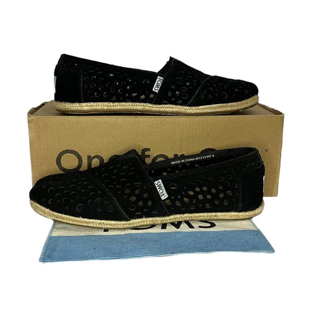 TOMS Black Lace Alpargata Lace Suede Espadrille Shoe Size 7.5